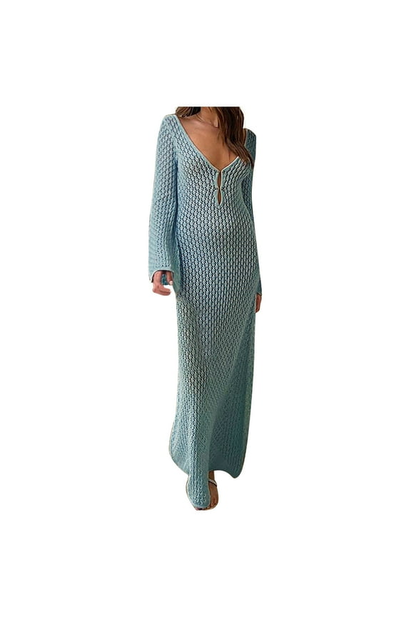 Bikini Cover Ups for Women Long Sleeve Crochet Swim Dress Knit Low Back Long Beach Dress
