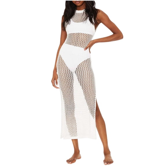 Bikini Cover Ups for Women Sleeveless Tank Crochet Hollow Out Long Beach Dress Side Split Bathing Suit