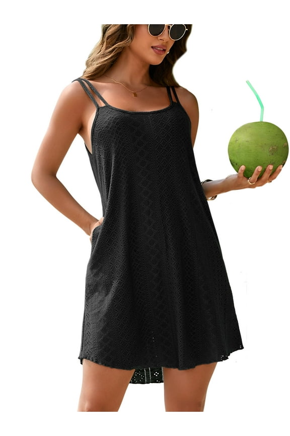 Bikini Coverup Dress for Womens Casual Spaghetti Straps Low Back Cover ups Casual Summer Beach Dress with Pockets
