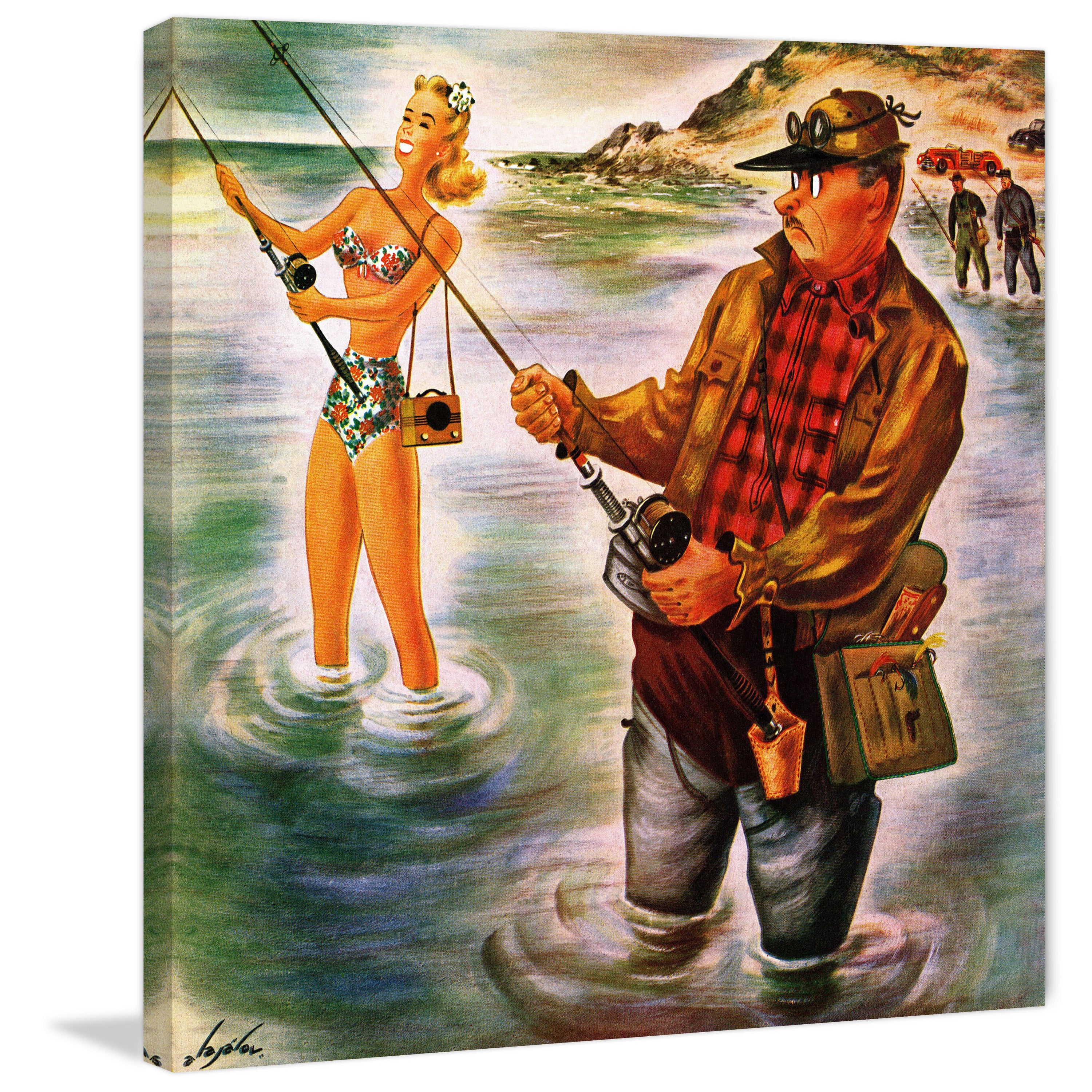 "Bikini Fishing" Painting Print on Wrapped Canvas