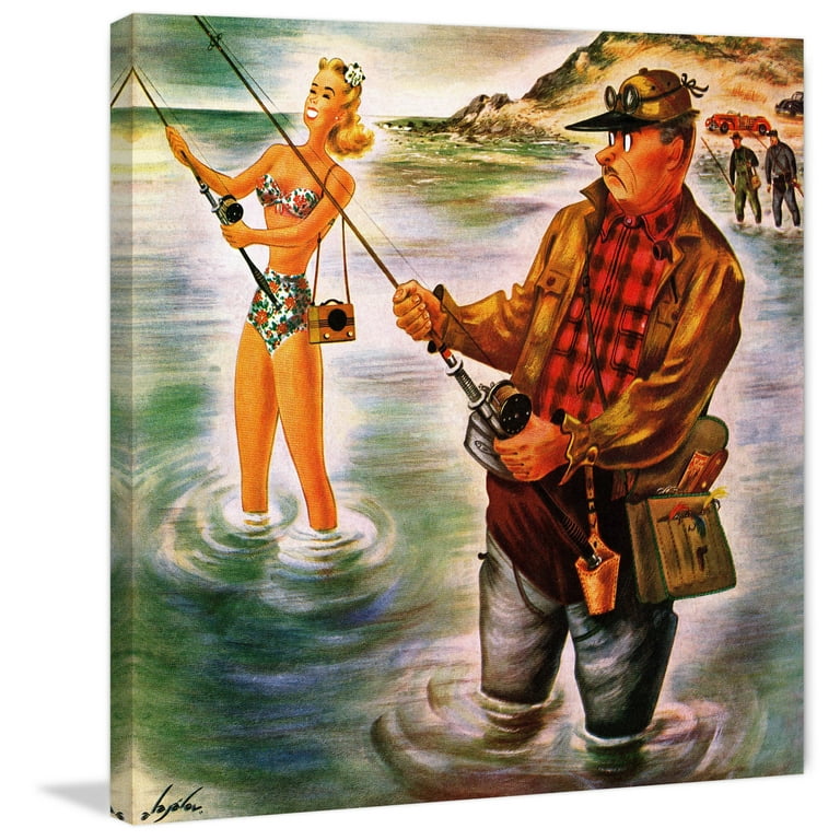 Bikini Fishing Painting Print on Wrapped Canvas 