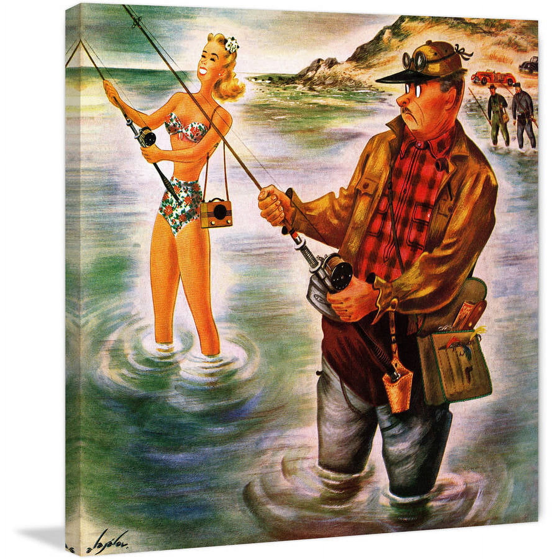 Bikini Fishing Painting Print On Wrapped Canvas