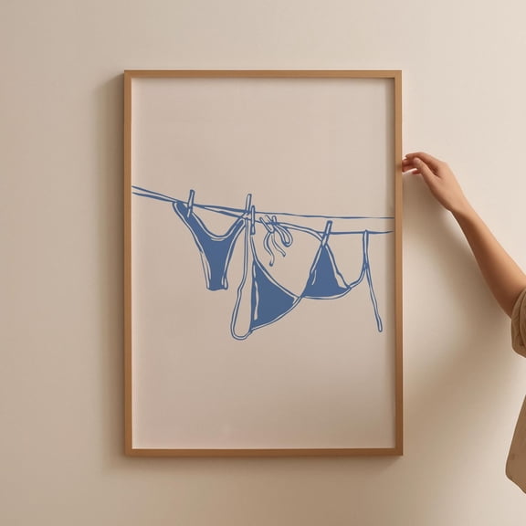 Bikini Hanging Poster Blue Bikini On Clothesline Poster Bathing Suit Poster Aesthetic Dorm Room Poster, Trendy Coastal Poster, Unframed Poster Size 8x12 F03.1.14l1673