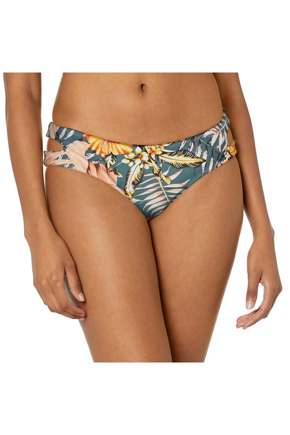 Bikini Lab Women's Cut Out Hipster Bikini Swimsuit Bottom, Dark Teal//Tropical Oasis, Large