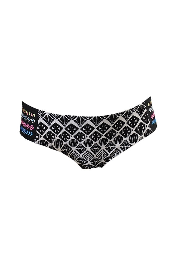 Womens Black White Tribal Print Embroidered Hipster Bikini Bottom