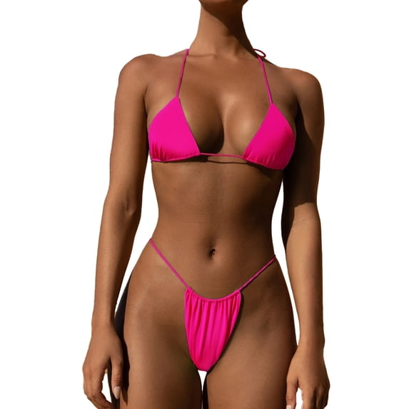 Bikini Set Bandage Solid Swimwear Two Pieces Swimsuit Padded Thong Bathing Suits - red