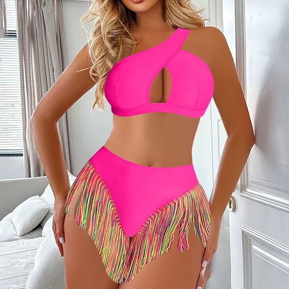 Bikini Set For Women Two Piece One Shoulder Hollow Out Fringe Hem High Waist Slimming Bathing Suit Y2K Cute Swimwear (M, Hot Pink)