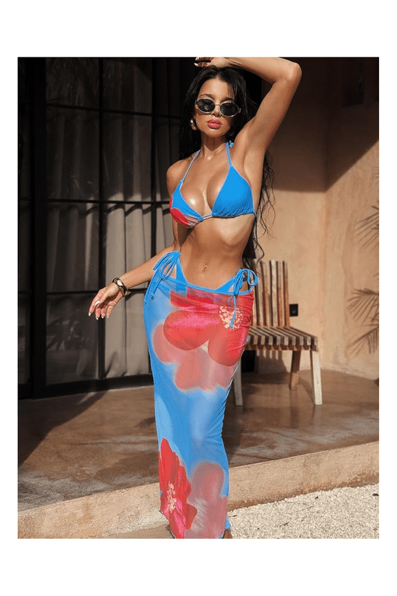 Bikini Set for Women Two Piece Swimsuit - Blue & Red Halter Bathing Suit with Floral Cover Up - Beach Swimwear for Teens & Adults - Summer Vacation Outfits