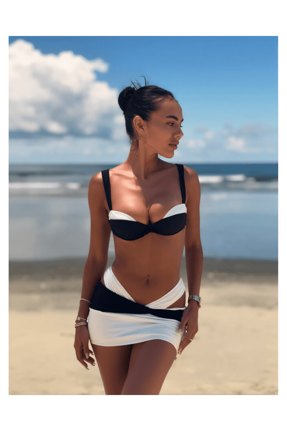 Bikini Set for Women - 3 Piece Swimsuit Slim Fit Contrast Bandeau Bathing Suit with Cut Out Wrap Skirt; Summer Beach Pool Vacation Swimwear
