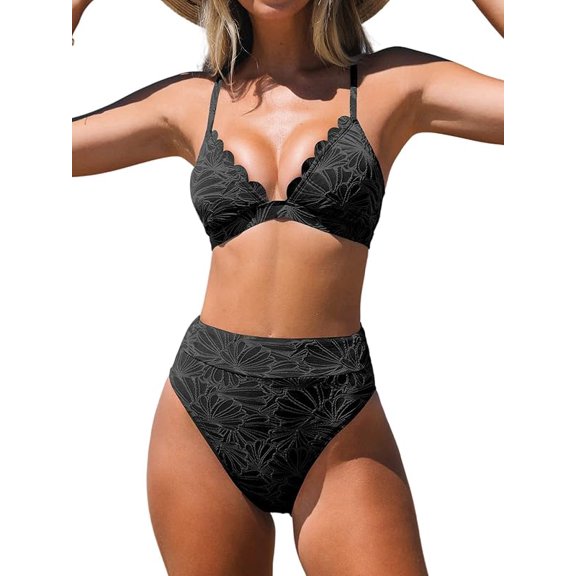 Bikini Set for Women Bathing Suit High Waisted Scalloped V Neck Two Pieces Swimsuit Size L