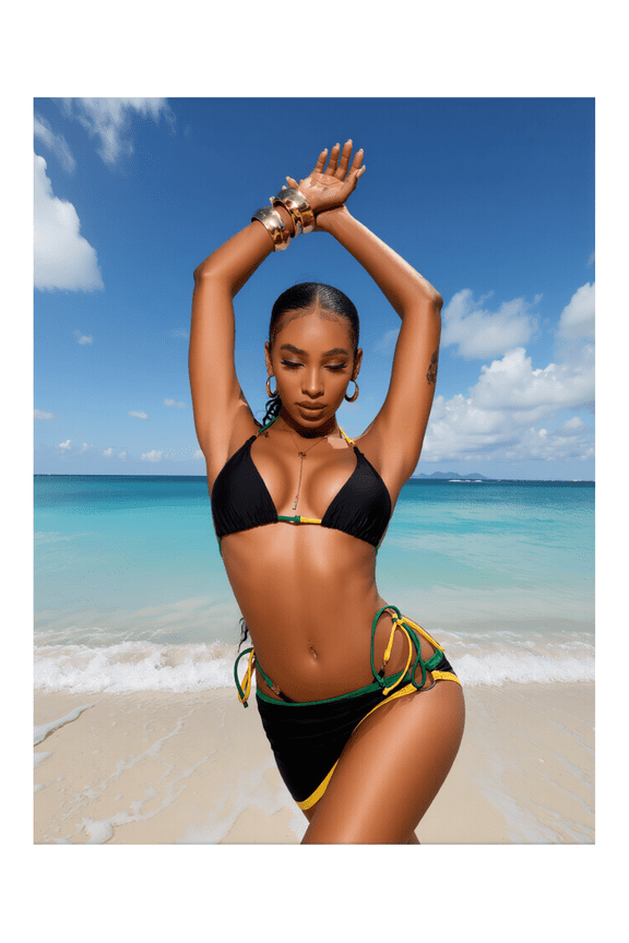 Bikini Set for Women Black and Jamaica Flag Swimsuit - Halter Top Two Piece Bathing Suit with Wrap Skirt - Tropical Summer Beach Swimwear