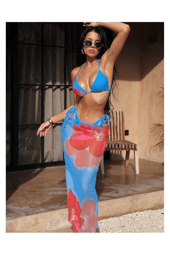 Bikini Set for Women - Blue Red Halter Swimsuit 2 Piece Bathing Suit with Floral Cover Up - Stylish Beach Wear Summer Swimsuits for Teens Girls