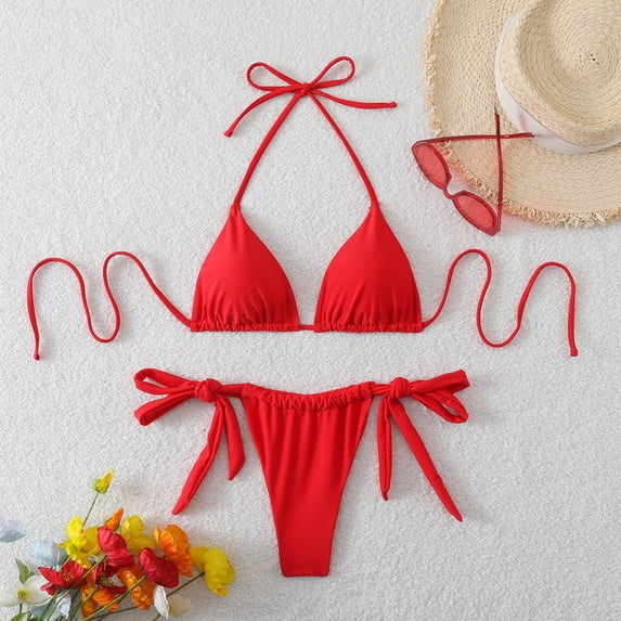 Bikini Set for Women Built-in Padded Cups Triangle Halter Top High Cut Thong Two Piece Bathing Suit Side Tie Low Rise Cheeky Flattering Swimwear