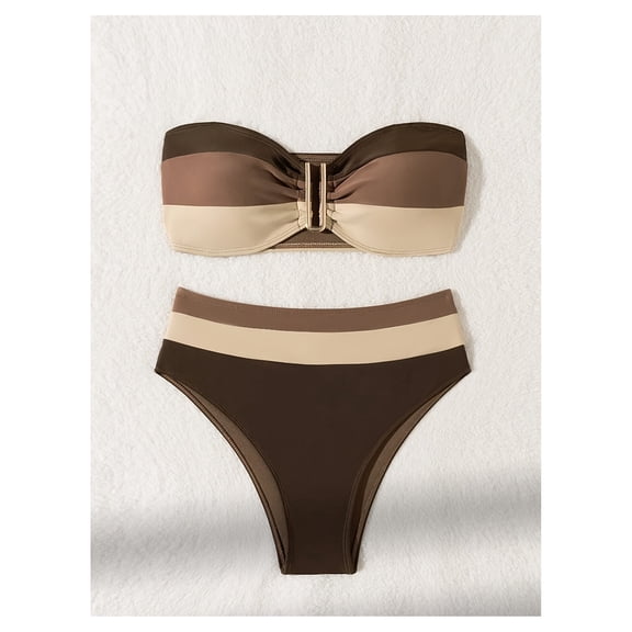 Bikini Set for Women Color Block High Waisted Two Piece Swimsuit - Buckle Detail Bathing Suit; Trendy Summer Beachwear; Adjustable Straps; Padded