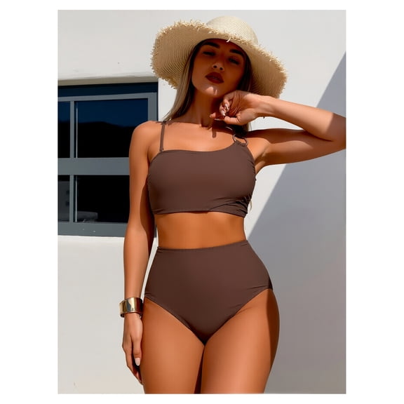 Bikini Set for Women - High-Waist Two Piece Swimsuit, Crop Tank Top Bathing Suit, Solid Brown, High Stretch, Elastic Fabric, Sleeveless, Beachwear