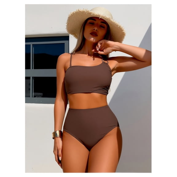 Bikini Set for Women High Waisted - Two Piece Swimsuit High-Stretch Bathing Suit Crop Top with Brown Solid Color, Elastic Swimwear for Teens & Women