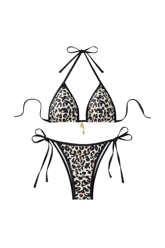 Bikini Set for Women Leopard Print Triangle Cup Bikini Set Halter Top with String Bikini Bottom Split Swimsuit Coffee L