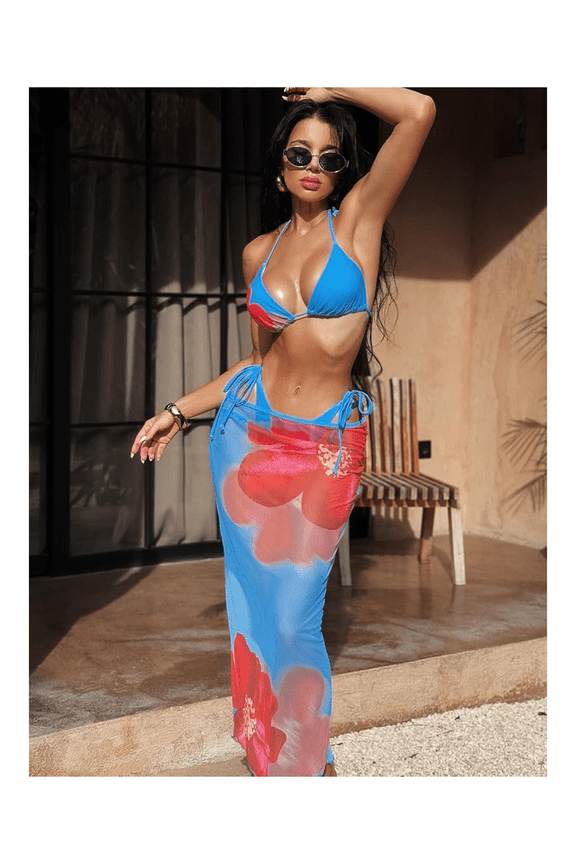 Bikini Set for Women Two Piece Swimsuit - Blue & Red Halter Bathing Suit with Floral Cover-Up - Beach Swimwear Summer Vacation Outfits