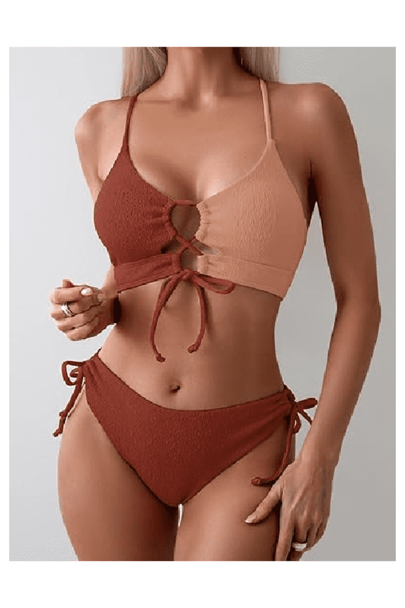 Bikini Set for Women Two Tone Cutout Halter Swimsuit Tie Front Bathing Suit Sexy Beachwear Summer Swimsuits