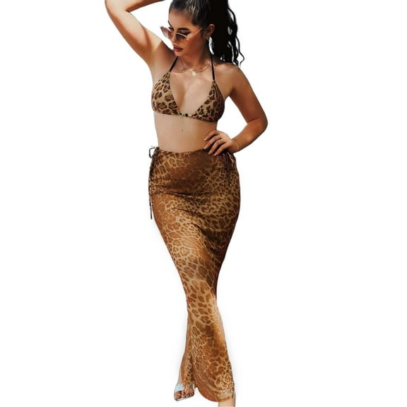 Bikini Set with Cover up Skirt Lightweight 3 Piece Swimsuit Leopard Print Bathing Suit Cover up Boho Beachwear Resort Outfits