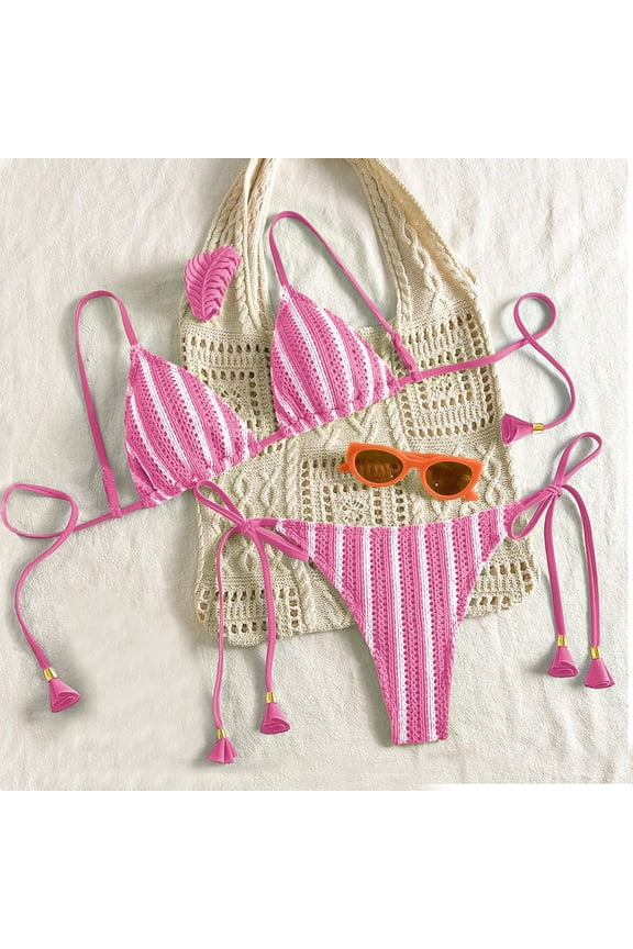 Bikini Sets, Bikini Sets for Women, Bikini Set, Bikinis Sets for Women, Crochet Bikini Sets for Women Cheeky Two Piece Bathing Suits Striped Brazilian High Cut Knit Swimsuit Tie for Vacation, Pink M