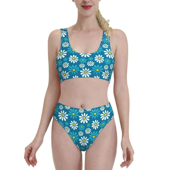 Bikini Sets For Women, Blue Daisies Flowers High Waisted Bikini Sets Bathing Suit 2-Piece Drawstring Swimsuit