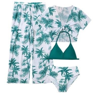 Bikini Sets For Teen Girls 12-14 Girl's 4 Piece Swimsuits Tropical Print Halter Bikini Set Bathing Suits With Mesh Pants Swimsuit - Swimwear for Girls（Green,11-12 Years）