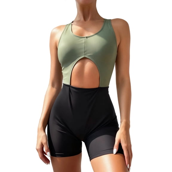 Bikini Sets for Women Color Block High Waisted One Piece Swimsuit for Women Striped Cutout Boy Shorts Sexy Beach Vacation Summer Tummy Control Flattering Swimwear Green L