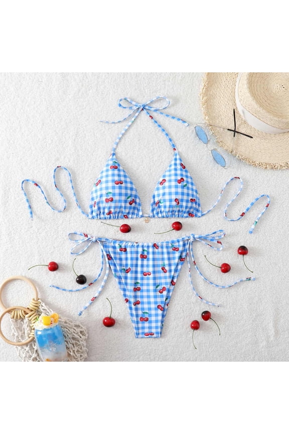 Bikini Sets for Women 2 Piece Cherry Print Halter Bikini Set String Triangle Swimsuit Bathing Suit