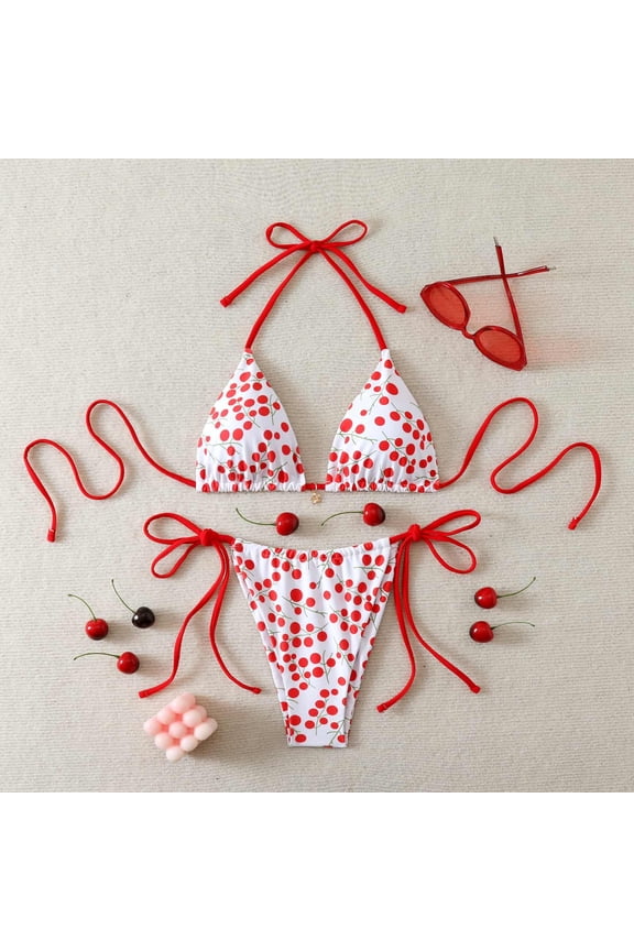 Bikini Sets for Women 2 Piece Cherry Print Halter Bikini Set String Triangle Swimsuit Bathing Suit