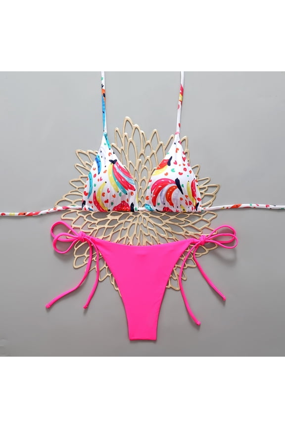 Bikini Sets for Women 2 Piece Fruit Print Bikini Set Graphic Halter Swimsuits Tie Side Bathing Suit