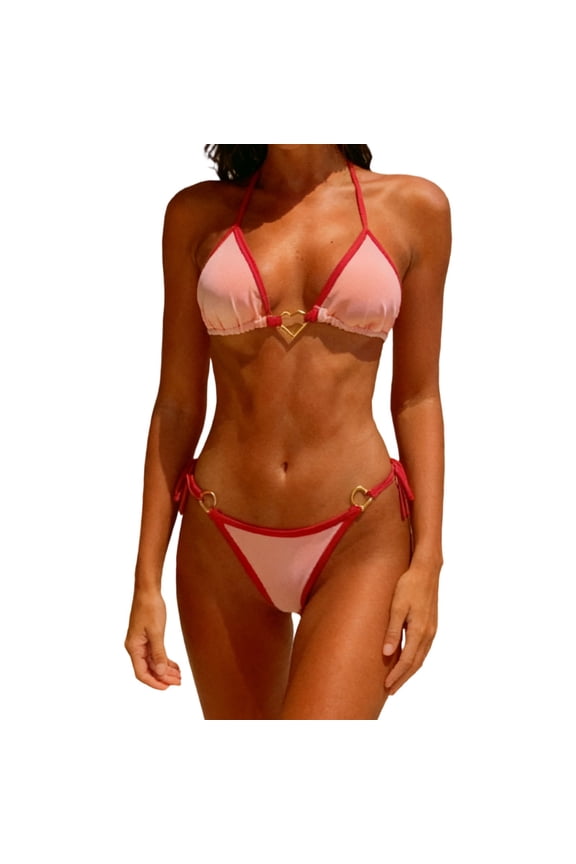 Bikini Sets for Women 2 Piece Halter Tie String Triangle Swimsuit Bathing Suit with Love Heart Metal Rings (XS, Pink)