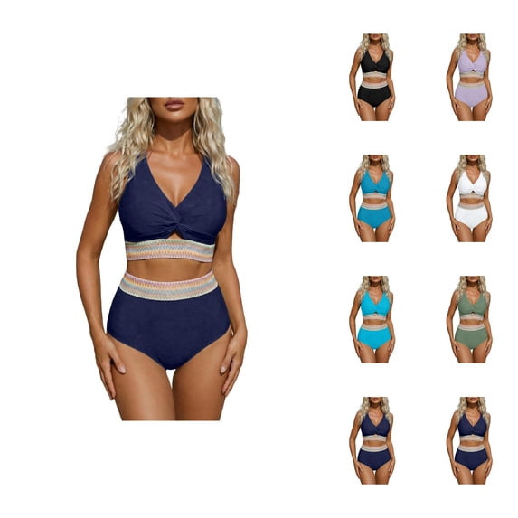 Bikini Sets for Women 2 Piece High Waisted Tummy Control Knot Twist Cut out Color Block Bathing Suit Bikinis