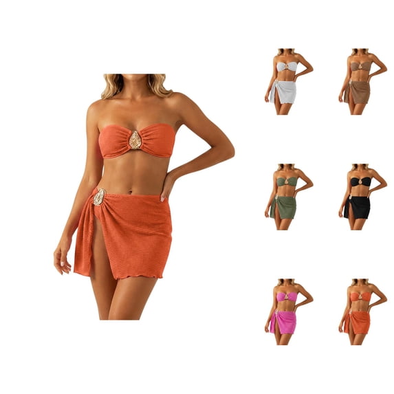 Bikini Sets for Women 3 Piece Strapless Bandeau Bikini Top Swim Bottom Sarong Wraps Swim Skirt Bathing Suits Swimwear