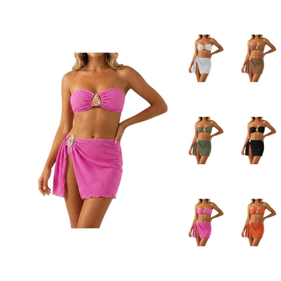 Bikini Sets for Women 3 Piece Strapless Bandeau Bikini Top Swim Bottom Sarong Wraps Swim Skirt Bathing Suits Swimwear
