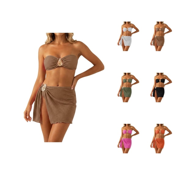 Bikini Sets for Women 3 Piece Strapless Bandeau Bikini Top Swim Bottom Sarong Wraps Swim Skirt Bathing Suits Swimwear
