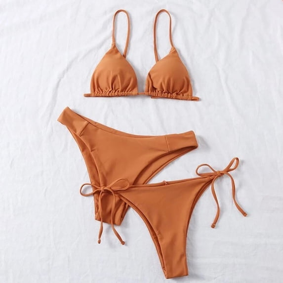 Bikini Sets for Women 3-Piece Triangle Swimsuit with 2 Tie Side Bottoms, Solid Color Coffee XL