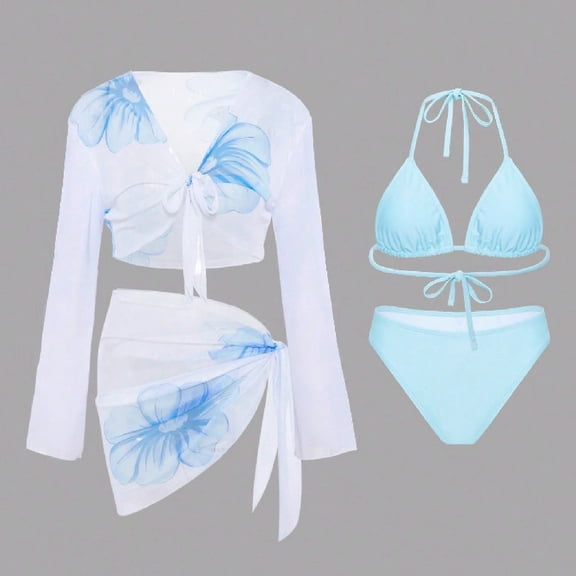 Bikini Sets for Women 4 Piece Floral Print Strap Swim Bikinis Swimsuit Cover up Beach Vacation Bathing Suit Blue S