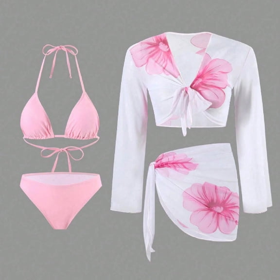 Bikini Sets for Women 4 Piece Floral Print Strap Swim Bikinis Swimsuit Cover up Beach Vacation Bathing Suit S