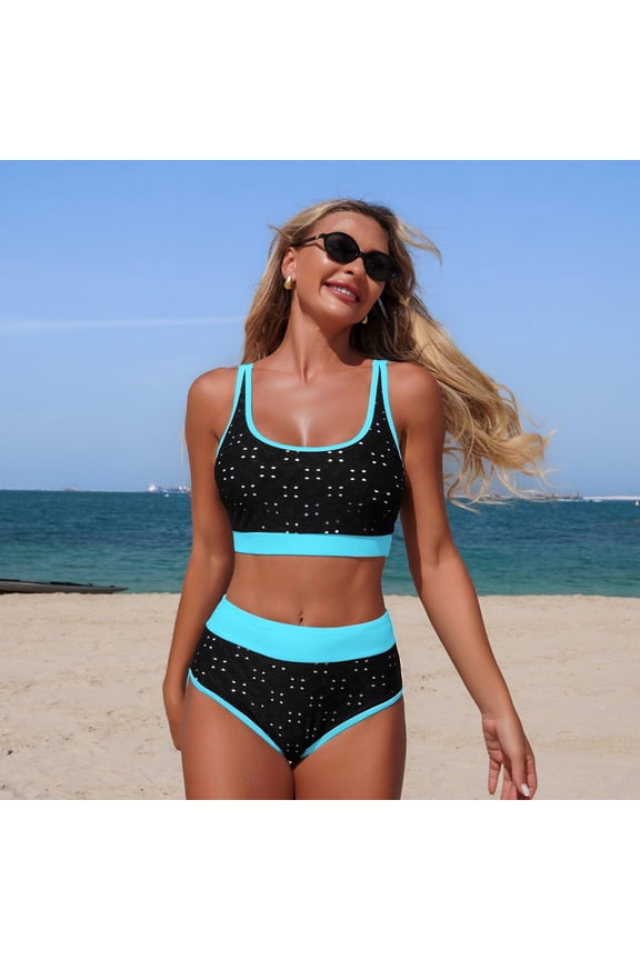 Bikini Sets for Women Built-in Bra Color Block Scoop Neck Two Piece Swimsuits Contrast Binding Sporty Bathing Suits Cheeky Beachwear