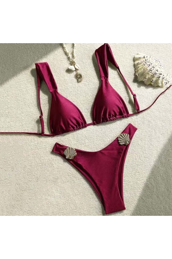 Bikini Sets for Women Built-in Padded Cups Triangle Halter Top with Shell Detail High Cut Two Piece Bathing Suits Flattering Thong Swimwear for Beach