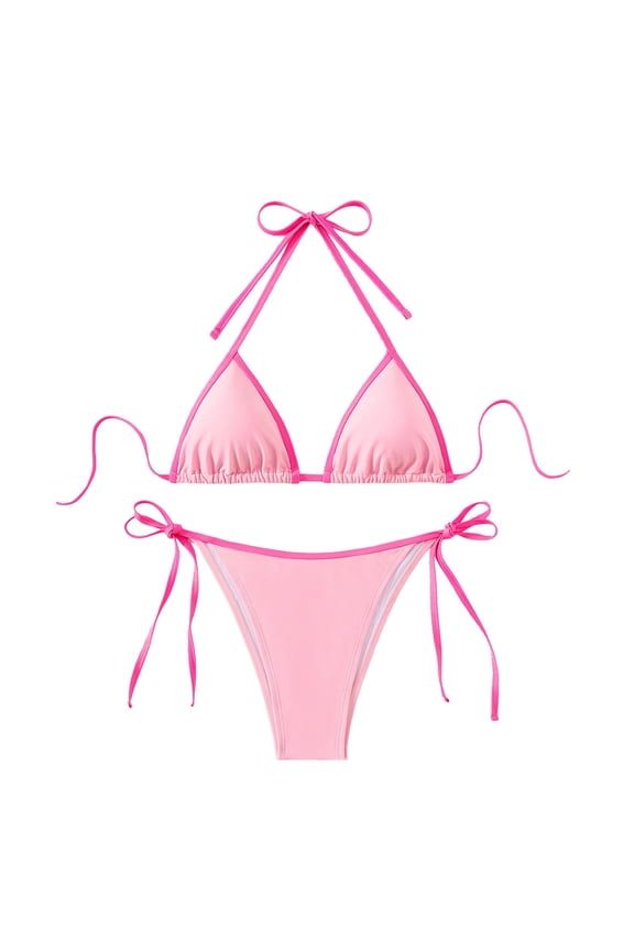 Bikini Sets for Women Color Block Retro High Waisted Bathing Suit Racerback Bikini Swimsuit Halter Top String Bottom Light Pink M