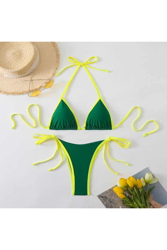 Bikini Sets for Women Contrast Binding Triangle Bathing Suit Halter Swimsuit Tie Side Thong Bikini Set