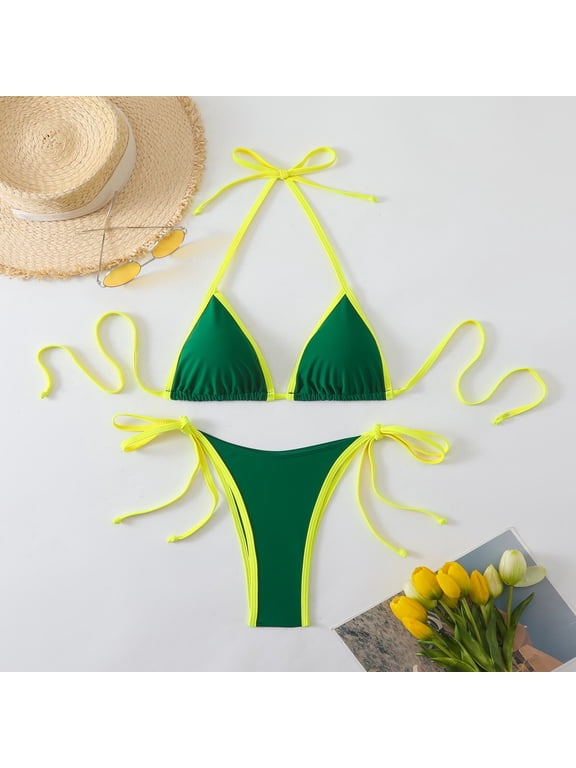 Bikini Sets for Women Contrast Binding Triangle Bathing Suit Halter Swimsuit Tie Side Thong Bikini Set