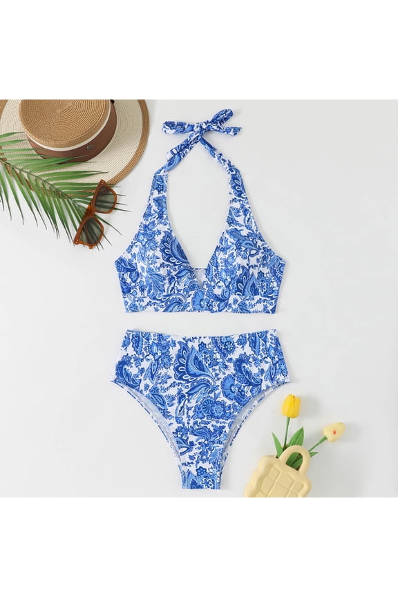 Bikini Sets for Women Floral Halter Bikini Sets Tie Backless Swimsuit 2 Piece Bathing Suits