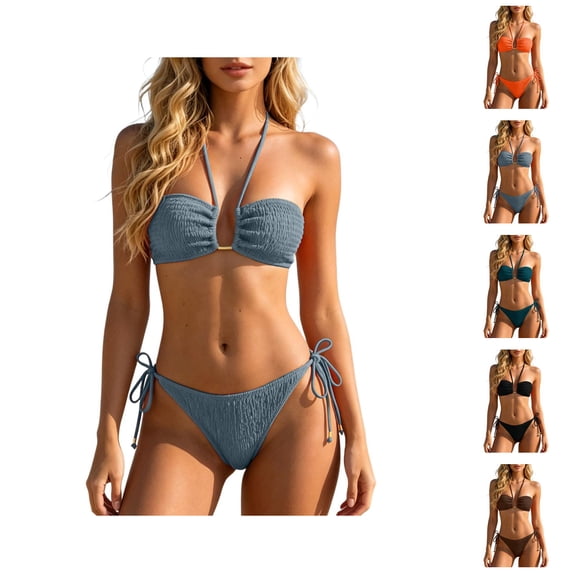 Bikini Sets for Women Halter V Neck Bikini Top with Tie Side Swim Bottom Two Piece Swimsuit Bathing Suit