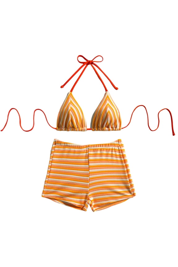 Bikini Sets for Women High Waisted Striped Bathing Suit Backless (Yellow, L)