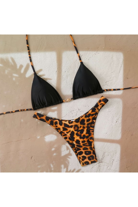 Bikini Sets for Women Leopard Printed Triangle Bikinis 2 Piece Halter Bikini Sets High Cut Bathing Suit Swimsuits