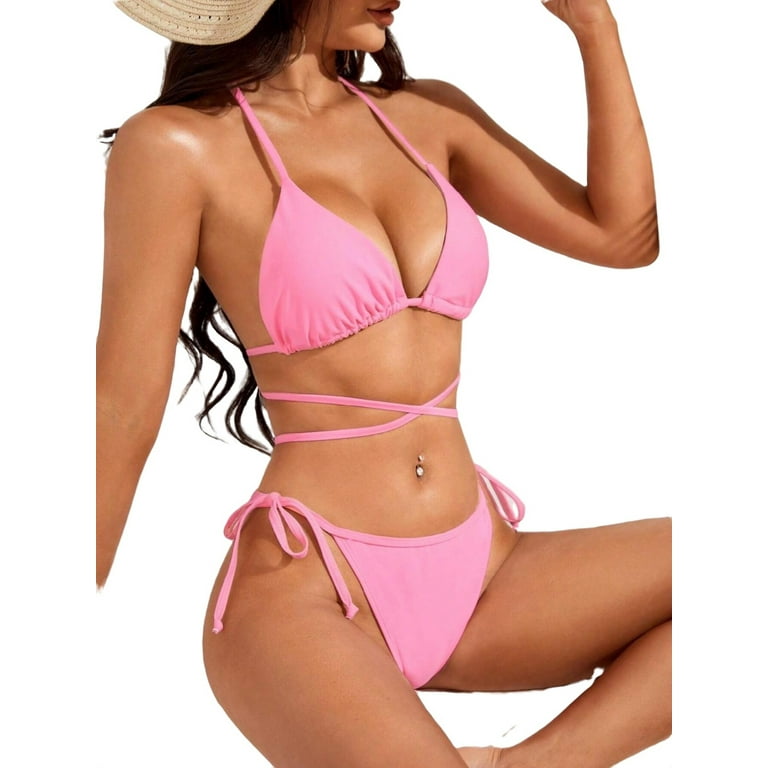 Bikini Sets for Women Plain Swimsuit Halter Pink S 4 Walmart
