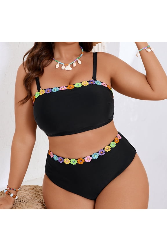 Bikini Sets for Women Plus Size Built-in Padded Cups 2 Piece High Waisted Bathing Suits Bandeau Top Floral Embroidery Detail Flattering Beachwear